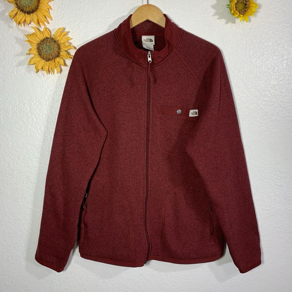 The North Face Maroon Fleece Sweater Zippered Pockets Mens Size Large